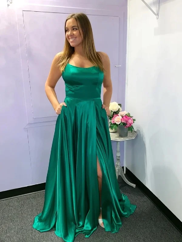 A-line party dressesSimple Green Satin Long Prom Dresses with High Slit, Green Formal Graduation Evening Dresses