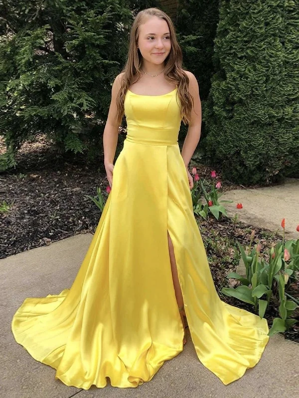 metallic party dressesSimple Scoop Neck Yellow Satin Long Prom Dresses with Slit, Yellow Formal Graduation Evening Dresses