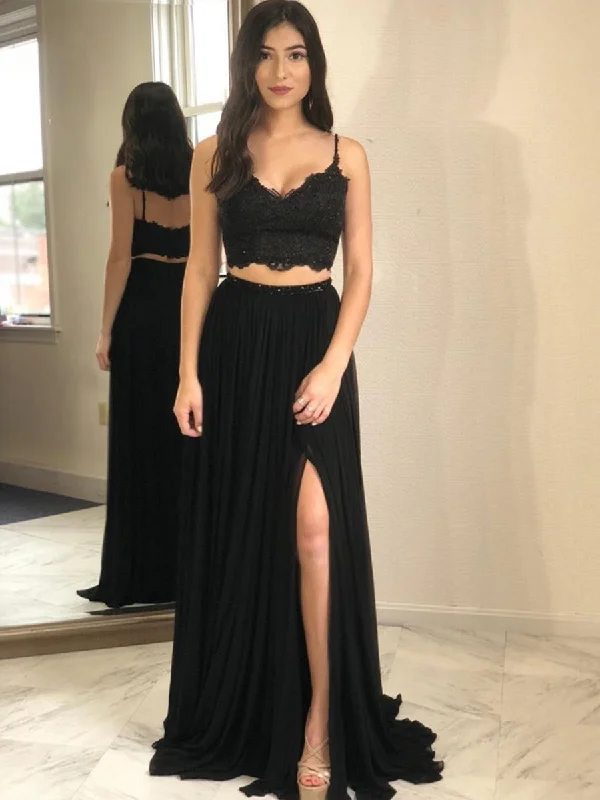 mermaid party dressesA Line Two Pieces Lace Black Long Prom Dresses with Slit, Two Pieces Black Formal Dresses, Lace Black Evening Dresses