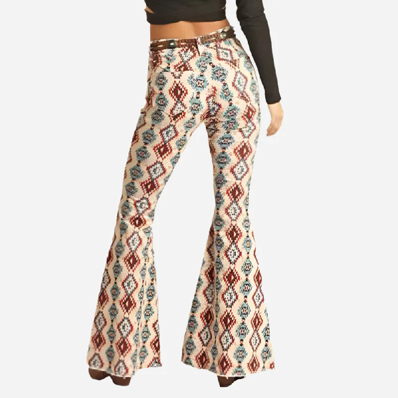 women's denim jeans with embroidery on pocketsRock and Roll Denim Cowhide Aztec Print Bell Bottom Jeans