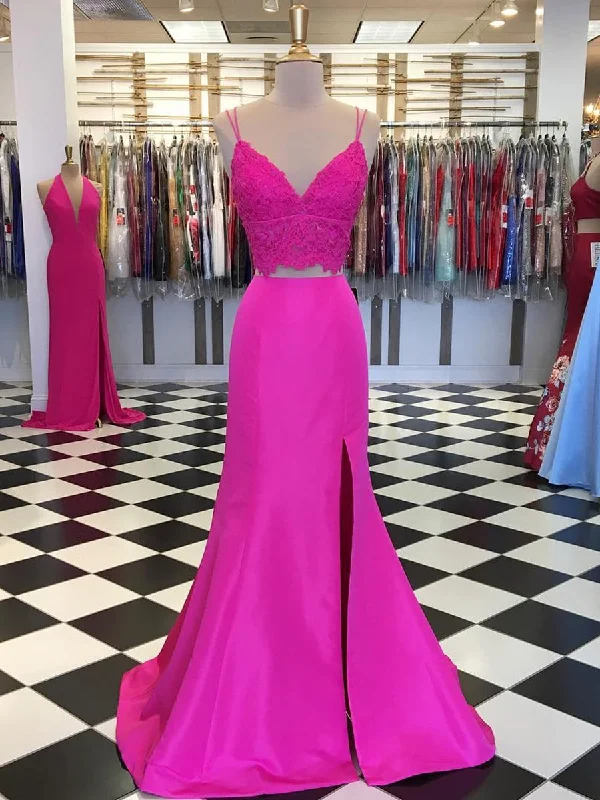 mother-of-the-bride party dressesV Neck Two Pieces Mermaid Lace Satin Fuchsia Prom Dresses with Leg Slit, Fuchsia Mermaid Formal Dresses, Fuchsia Lace Evening Dresses