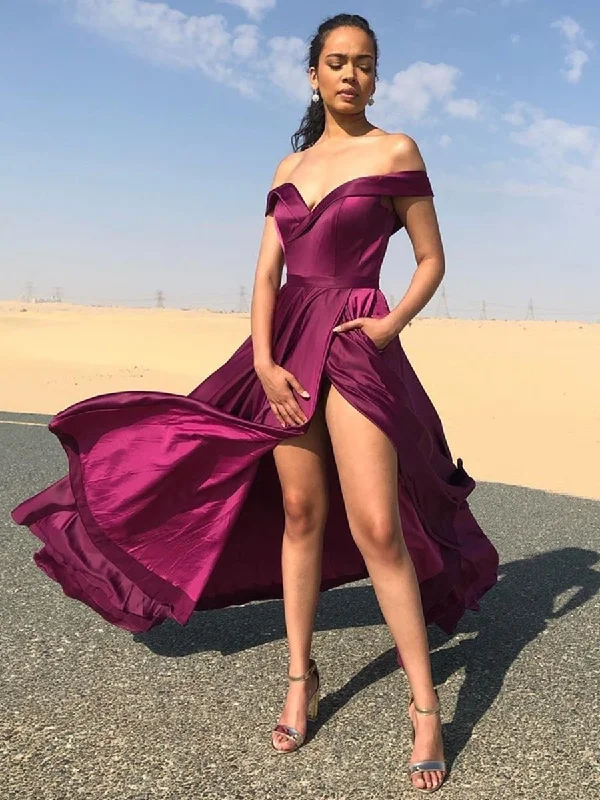 clubwear party dressesOff Shoulder Purple Long Prom Dresses with High Slit, Off the Shoulder Purple Formal Graduation Evening Dresses with Pockets