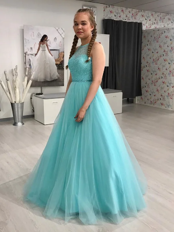 stylish party dressesGorgeous Round Neck Green Beaded Long Prom Dresses, Long Green Formal Evening Dresses