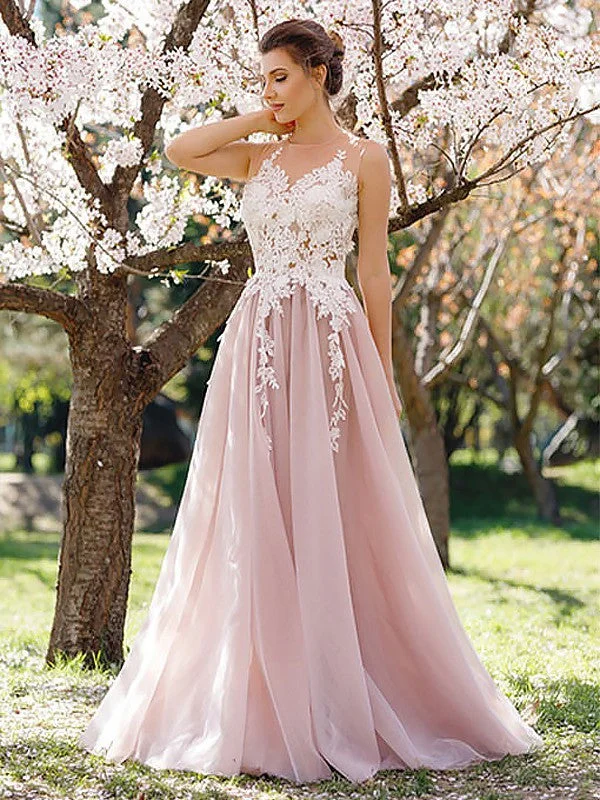 affordable party dressesA Line Round Neck White Lace Pink Tulle Long Prom Dresses, Pink Formal Dresses, Evening Dresses