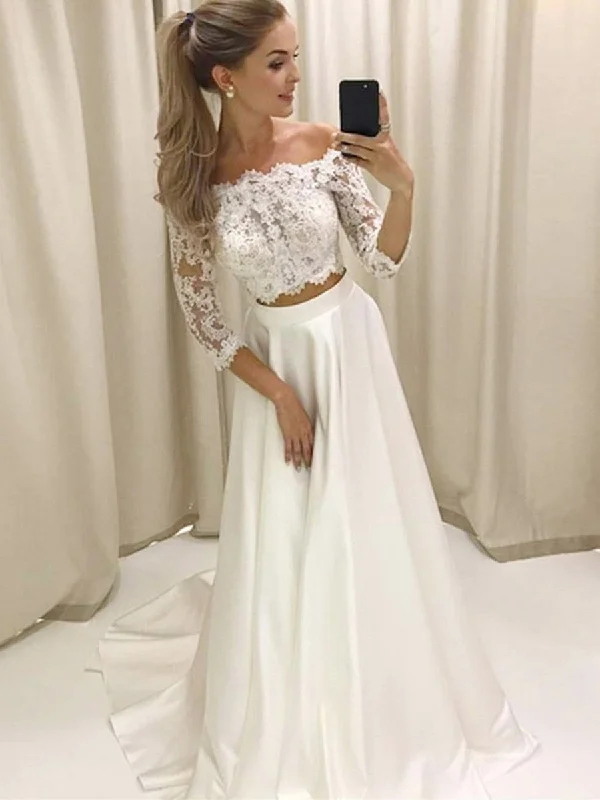 holiday party dressesTwo Pieces Off the Shoulder 3/4 Sleeves Lace Top White Prom Dresses, Off Shoulder Long Sleeves White Formal Dresses, Lace White Evening Dresses