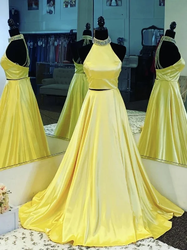 plus-size friendly party dressesHalter Neck Open Back 2 Pieces Yellow Satin Long Prom Dresses, Backless Two Piece Yellow Formal Graduation Evening Dresses