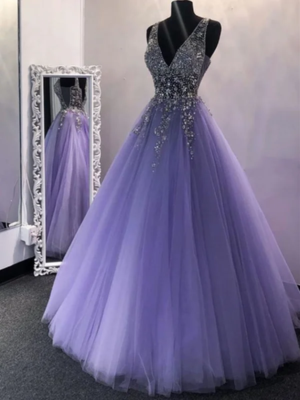 custom-made party dressesChic V Neck Sequins Purple Tulle Long Prom Dresses, V Neck Lilac Formal Evening Dresses, Purple Ball Gown