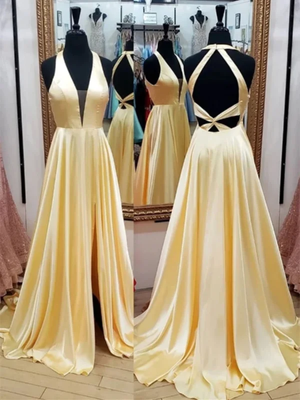 long party dressesDeep V Neck Open Back Yellow Long Prom Dresses with Leg Slit, Yellow Formal Graduation Evening Dresses