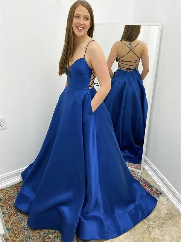 bachelor party dresses (for women)Simple V Neck Backless Royal Blue Prom Dresses with Pocket, Backless Royal Blue Formal Dresses, Royal Blue Evening Dresses