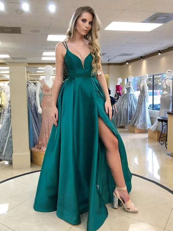 Halloween party dressesStylish V Neck Green Long Prom Dresses with High Slit, V Neck Green Formal Graduation Evening Dresses