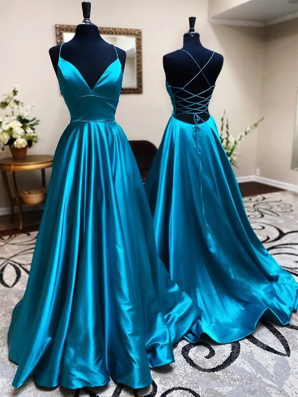 maximalist party dressesA Line V Neck Backless Teal Satin Long Prom Dresses, Open Back V Neck Blue Formal Graduation Evening Dresses