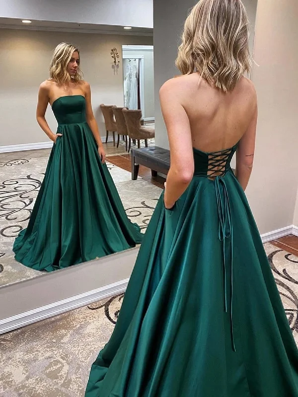 one-shoulder party dressesStrapless Backless Emerald Green Long Prom Dresses with Pocket, Backless Emerald Green Formal Graduation Evening Dresses