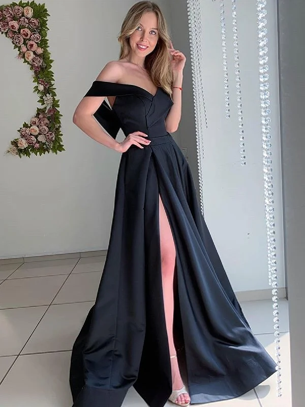 peplum party dressesOff Shoulder Black Satin Long Prom Dresses with High Slit, Black Formal Graduation Evening Dresses