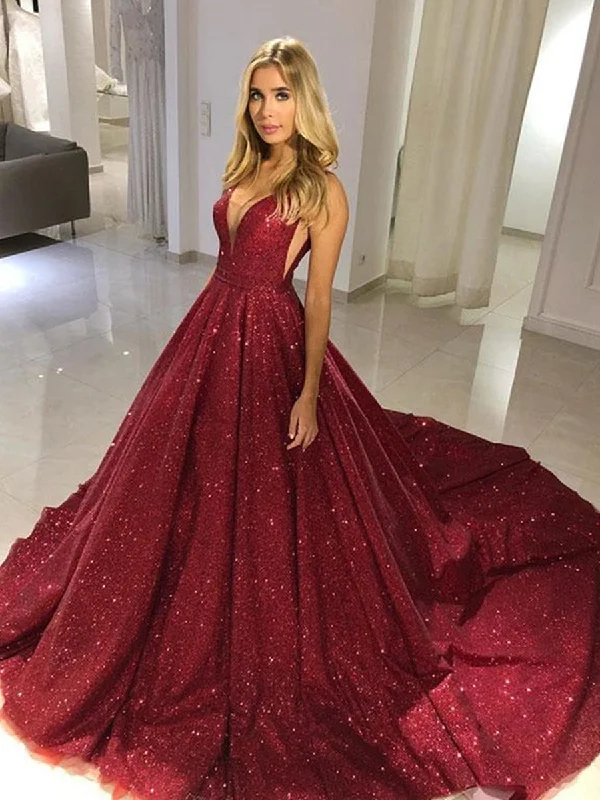 budget-friendly party dressesShiny V Neck Burgundy Sequins Long Prom Dresses, Burgundy Formal Evening Dresses, Sparkly Ball Gown