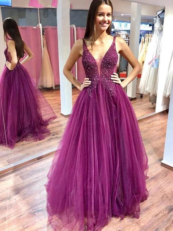 animal print party dressesCharming Purple V Neck Beaded Lace Top Long Prom Dresses, Purple Formal Dresses, Evening Dresses