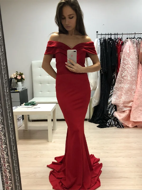 ruffle party dressesElegant Off Shoulder Mermaid Long Red Prom Dresses, Off Shoulder Mermaid Red Formal Graduation Evening Dresses