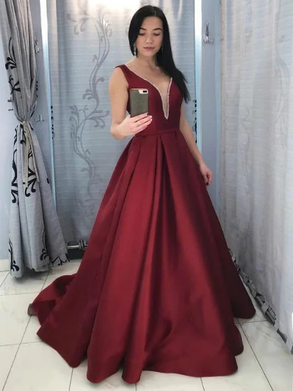 prom party dressesDeep V Neck Backless Burgundy Satin Long Prom Dresses, Backless Burgundy Formal Dresses, Burgundy Evening Dresses