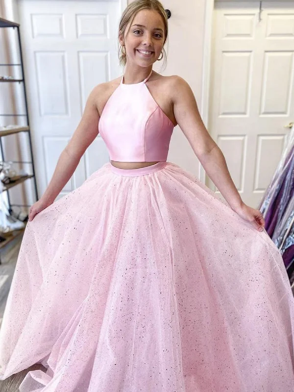 plus-size party dressesHalter Neck 2 Pieces Backless Pink Prom Dresses with Sequins, Two Pieces Pink Formal Dresses, Backless Pink Evening Dresses