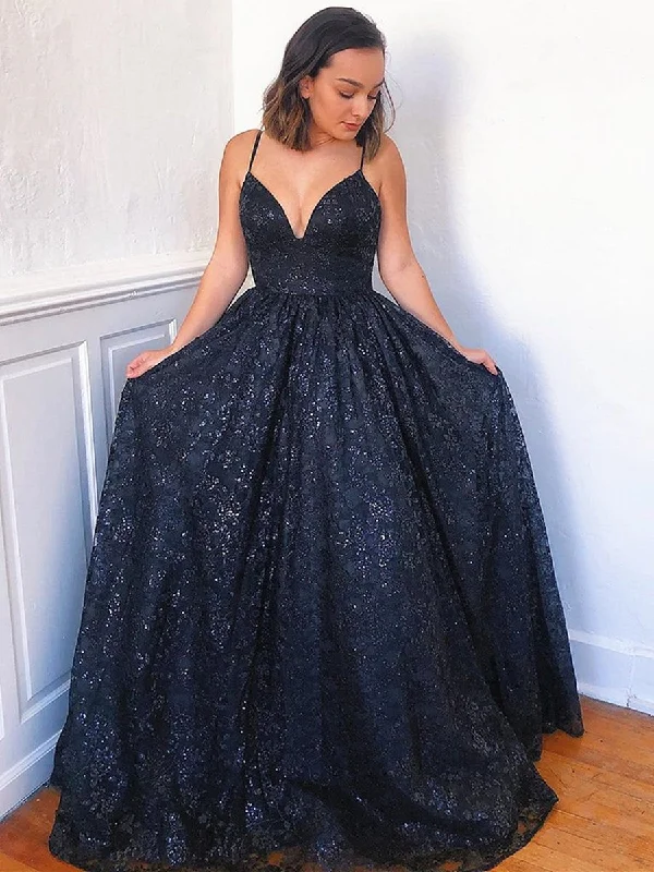 lightweight party dressesA Line V Neck Navy Blue Lace Long Prom Dresses, V Neck Lace Navy Blue Formal Dresses, Dark Blue Lace Evening Dresses