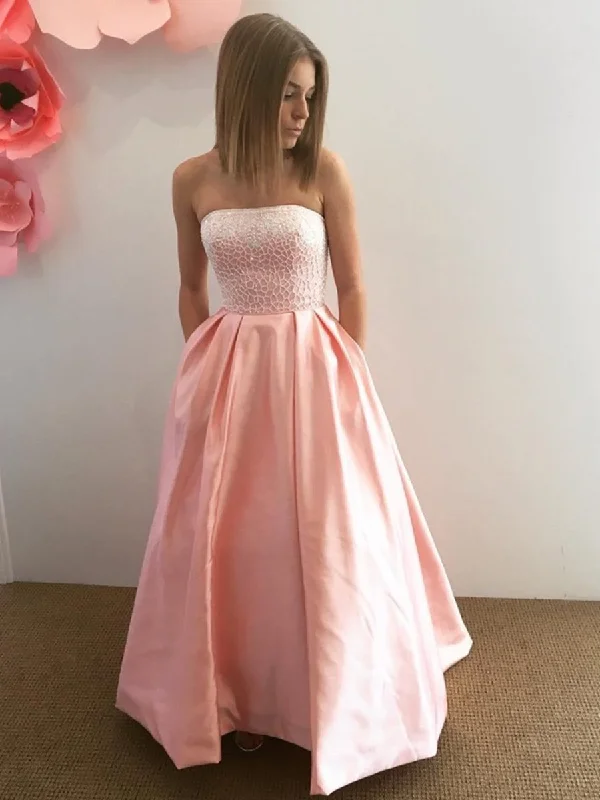 flashy party dressesStrapless Lace Top Pink Satin Long Prom Dresses, Strapless Pink Lace Formal Dresses, Pink Lace Evening Dresses