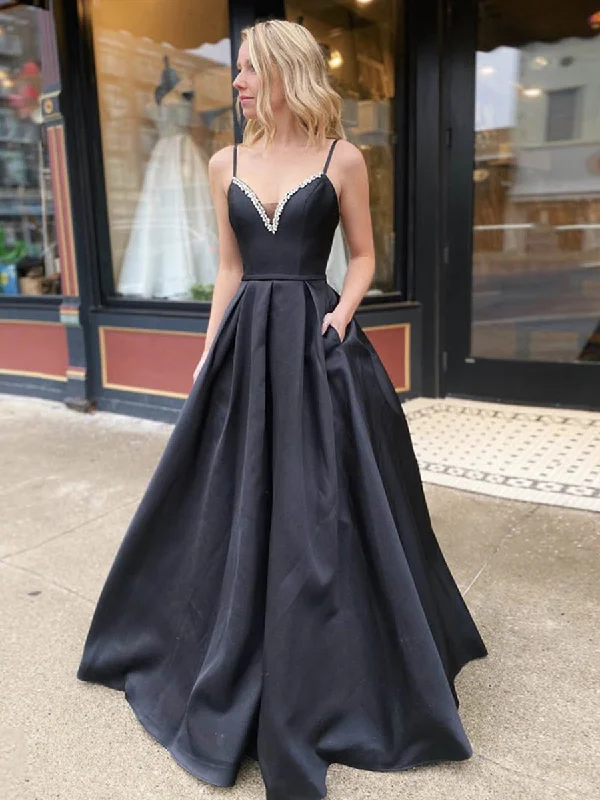 metallic party dressesA Line V Neck Backless Black Long Prom Dresses with Beadings, Backless Black Formal Dresses, Black Evening Dresses