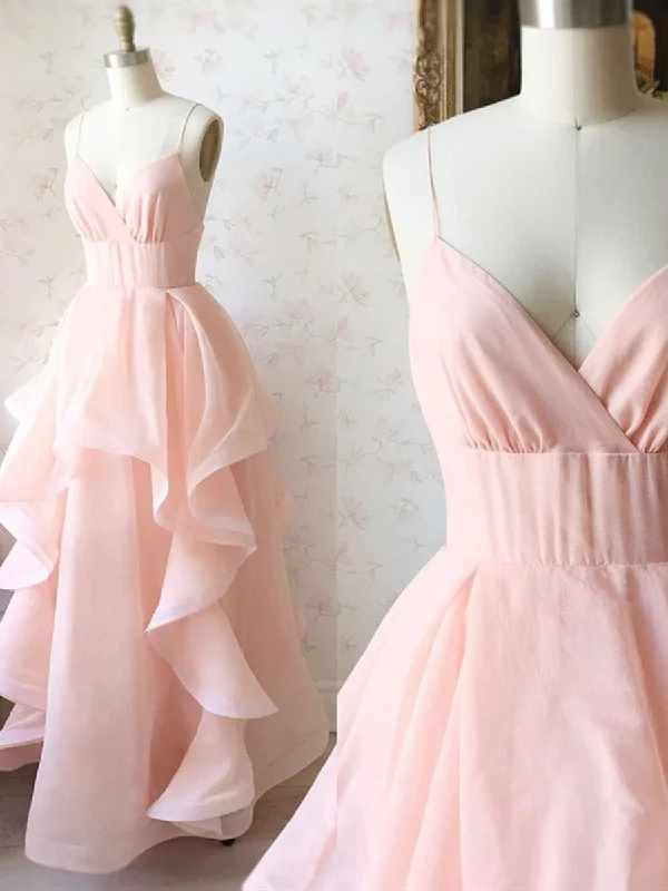 figure-flattering party dressesStylish V Neck Long Pink Prom Dresses, Fluffy Pink Formal Evening Dresses, Pink Ball Gown