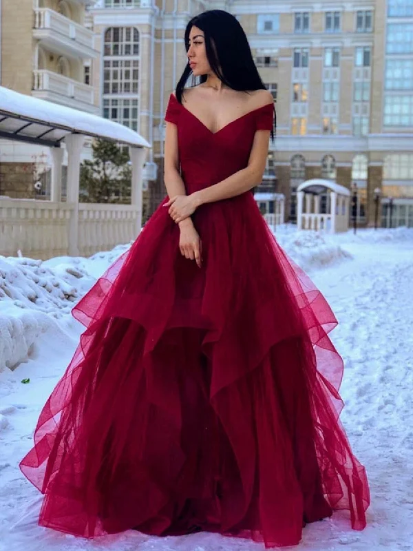 plus-size friendly party dressesOff the Shoulder V Neck Burgundy Long Prom Dresses 2020, Off Shoulder Burgundy Formal Dresses, Fluffy Burgundy Evening Dresses