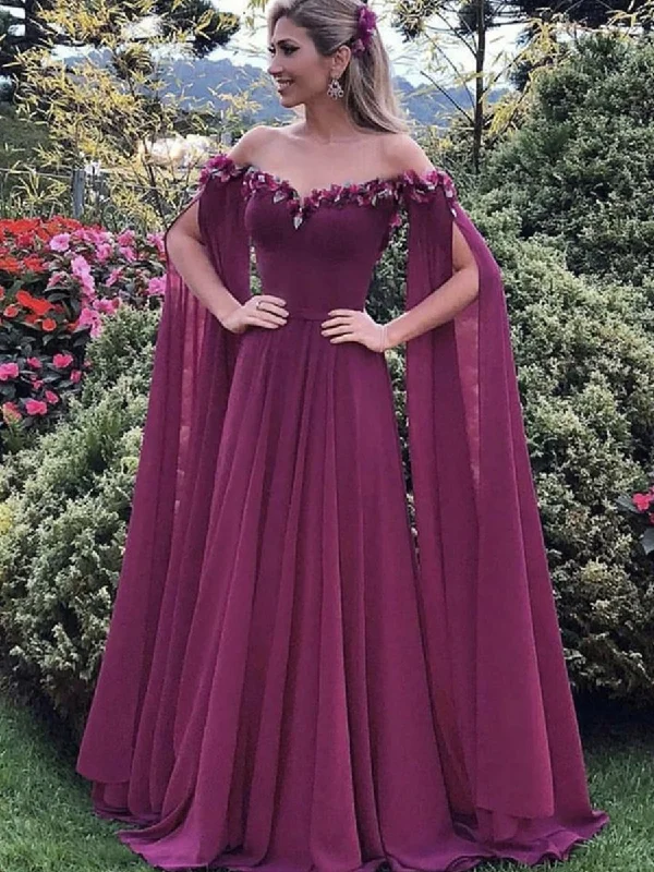 floral party dressesElegant Floral Purple Chiffon Long Prom Dresses, Purple Formal Graduation Evening Dresses