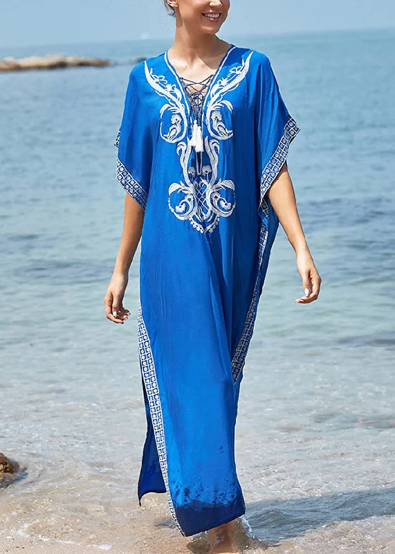 maxi dresses with cold-shoulder cutsHandmade Blue V Neck Embroideried Floral Side Open Maxi BeachDress Summer