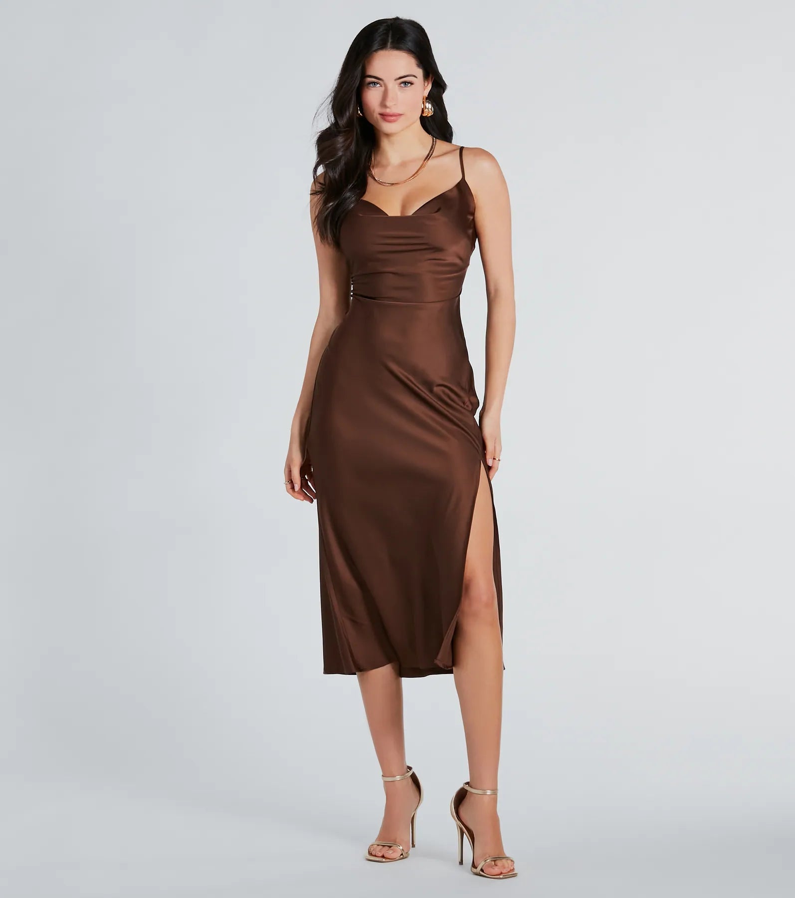 maxi dresses with thigh-high slitsflowy midi dressesClassic Silky Satin High Slit Midi Dress