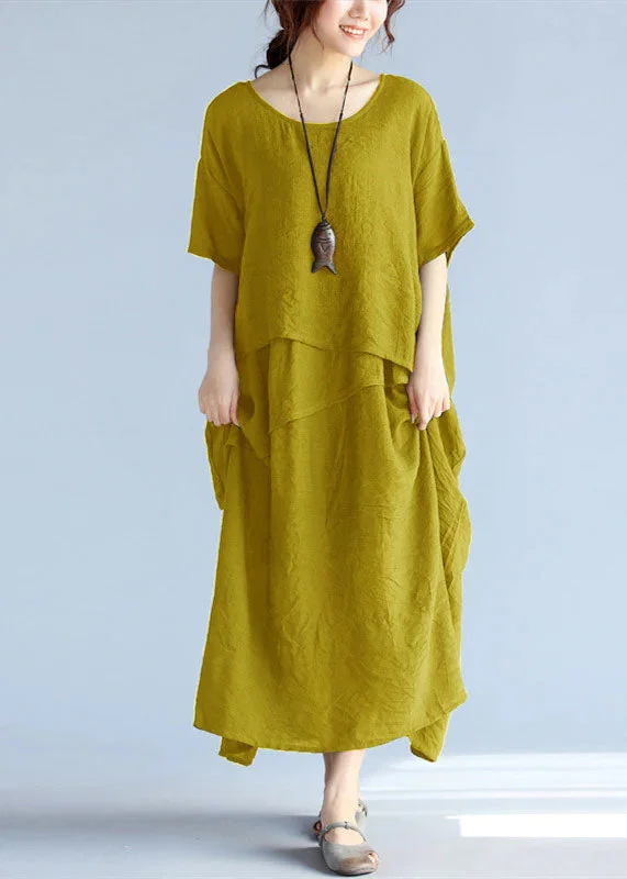 maxi dresses with pocketsbaggy Yellow long linen dresses oversized layered cotton maxi dress vintage short sleeve cotton clothing