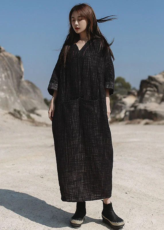 maxi dresses for winter (with tights)Black Pockets Cotton Maxi Dresses V Neck Spring