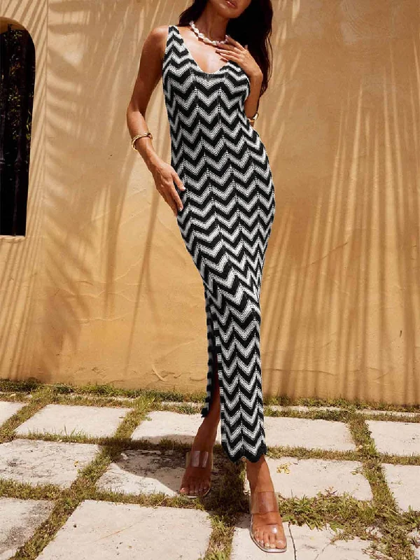 maxi dresses for maternity wearSummer V-Neck Striped Crochet Graceful Slit Sexy Maxi Dress