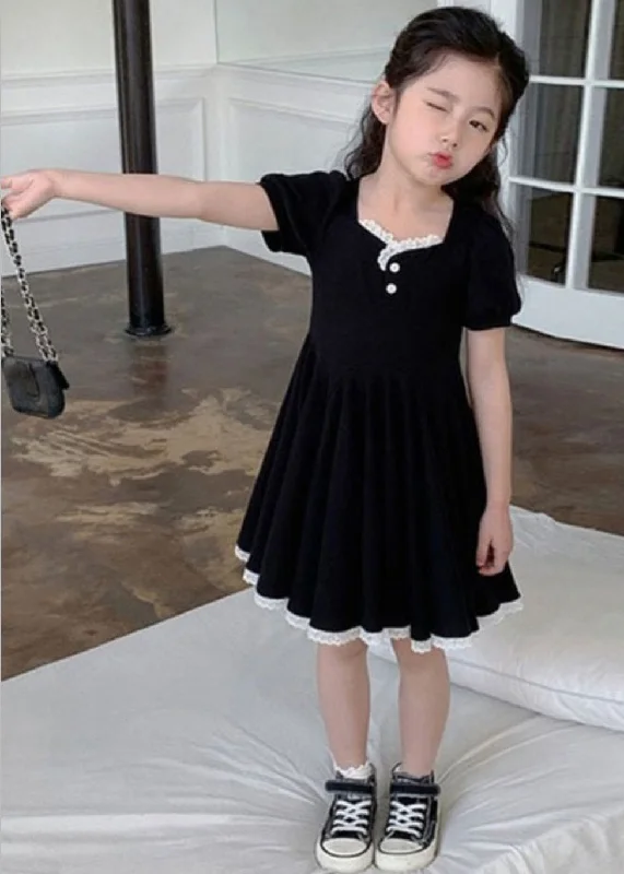 maxi dresses with cap sleevesUnique Black Square Collar Lace Patchwork Button Cotton Girls Party Maxi Dress Short Sleeve