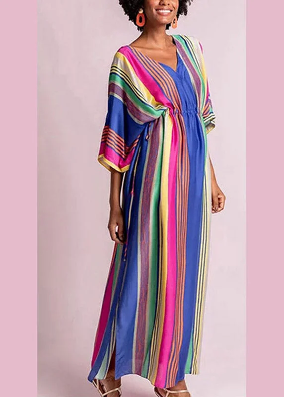 maxi dresses with buttonsItalian Rainbow Striped Drawstring Elastic Waist Maxi Dress Half Sleeve