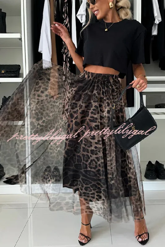 women's affordable velvet skirtsAutumn Jungle Tulle Leopard Print Elastic Waist A-line Maxi Skirt