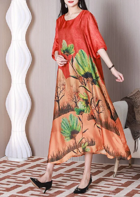 maxi dresses with rufflesBohemian Red Oversized Print Silk Maxi Dresses Half Sleeve