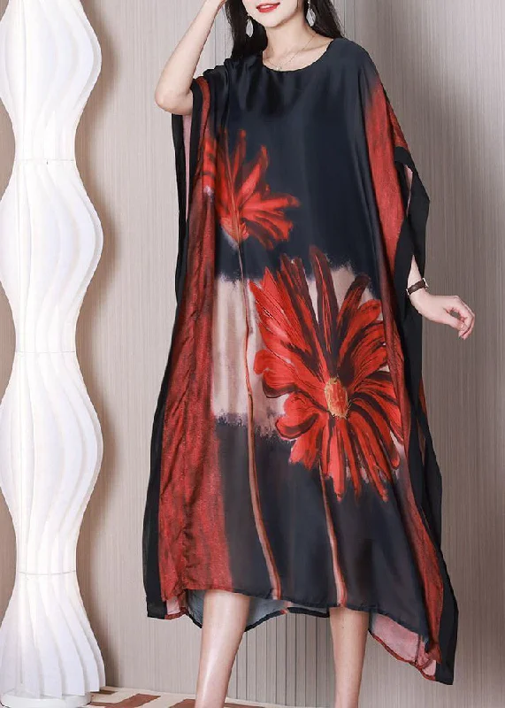 maxi dresses with halter necksArt Black Oversized Print Silk Maxi Dress Batwing Sleeve