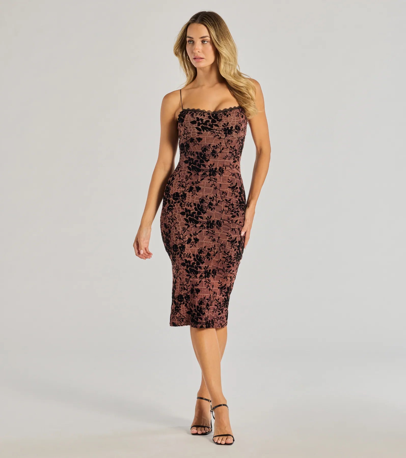 maxi dresses for casual strollsmidi dresses with spaghetti strapsFlawless Look Flocked Floral Mesh Bodycon Midi Dress