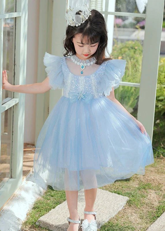 floral maxi dressesCute Blue Sequins Patchwork Bow Tulle Kids Girls Maxi Dresses Butterfly Sleeve