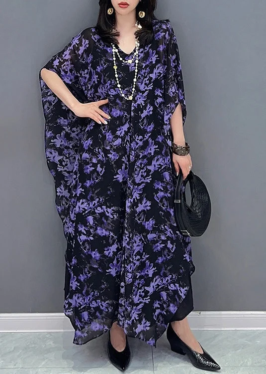 maxi dresses for active wear (with stretch fabric)Loose Purple O-Neck Print Maxi Dress Summer