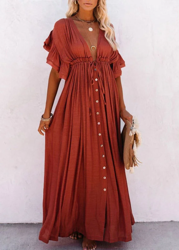 maxi dresses with cap sleevesRed V Neck Button Maxi Dresses Short Sleeve