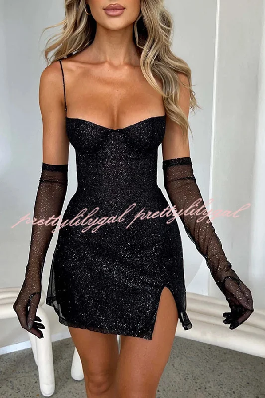 mini Mimi dresses for casual outingsGlow At Night Glitter Fabric Slip Slit Mini Dress with Mesh Gloves