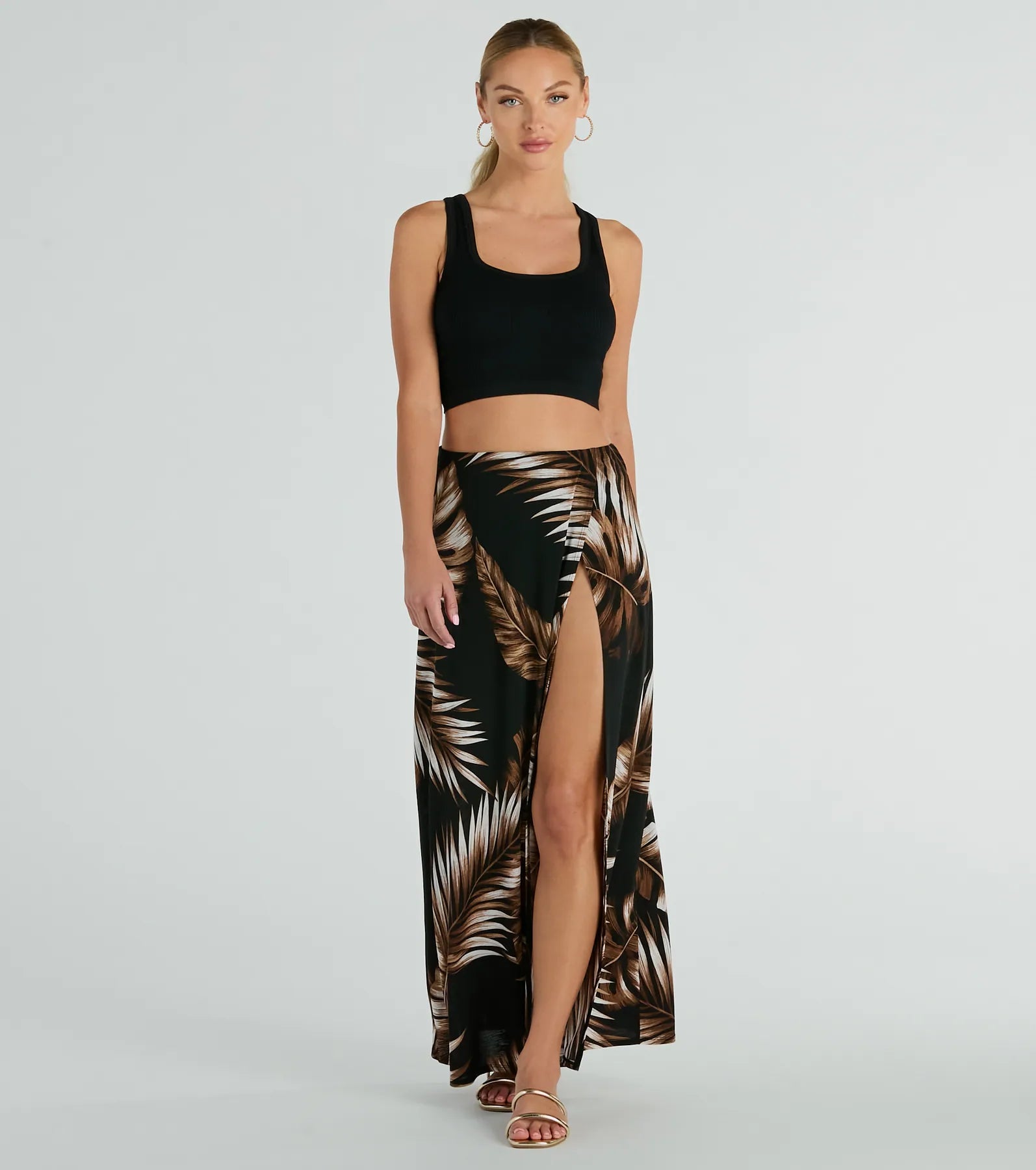 women's solid-color skirtsVacation Queen High-Rise Slit Tropical Maxi Skirt