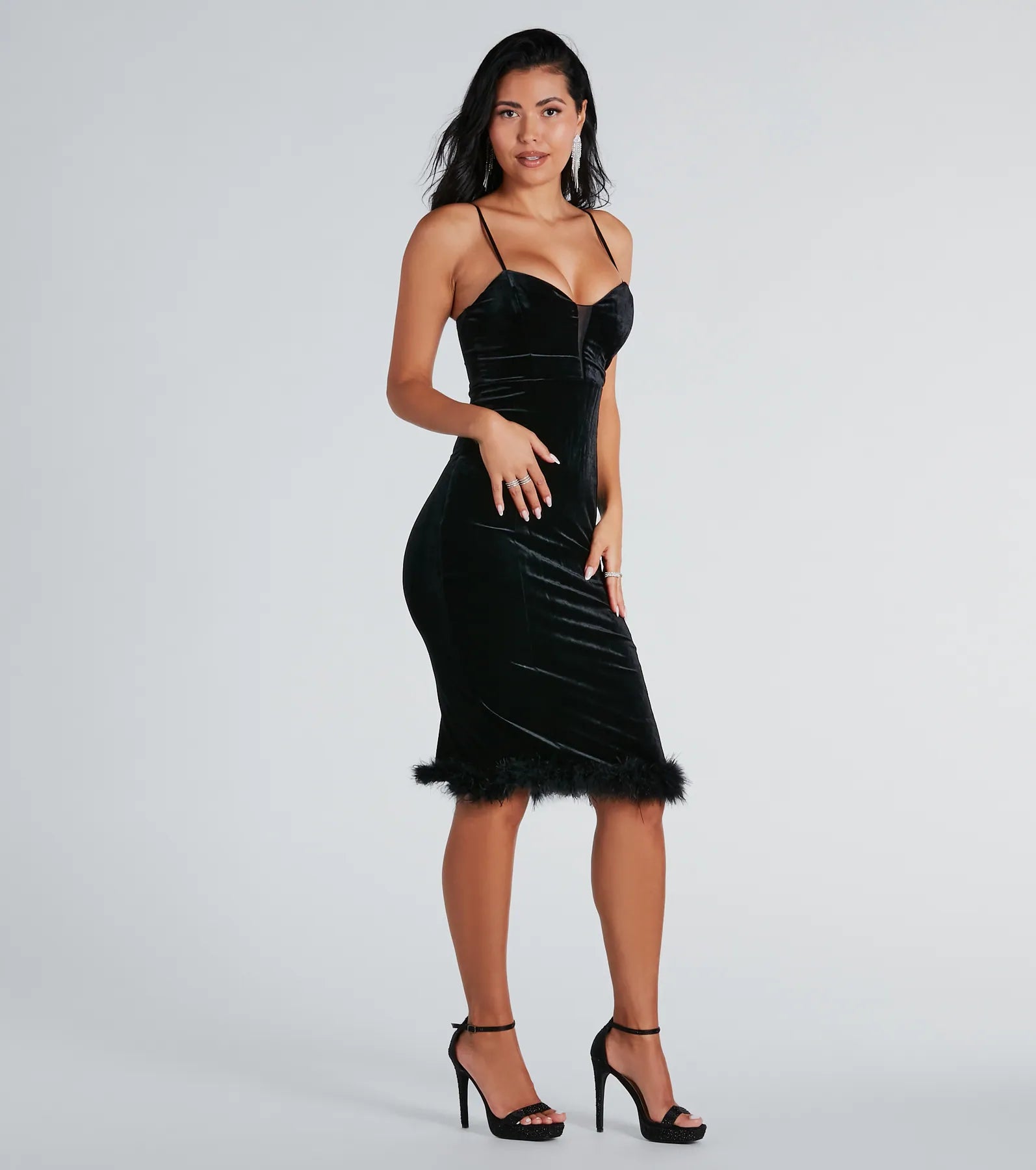 maxi dresses with embroidered patternsbody-hugging midi dressesAlyssa Feather Trim Velvet Formal Midi Dress