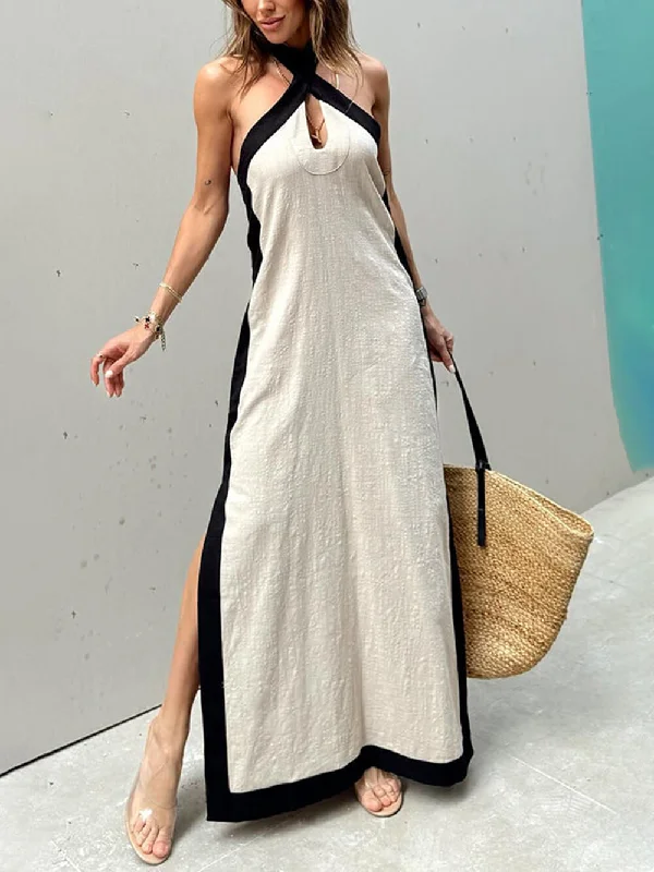 maxi dresses with lace-up detailsColor Block Halter Charming Neck Slit Maxi Dress