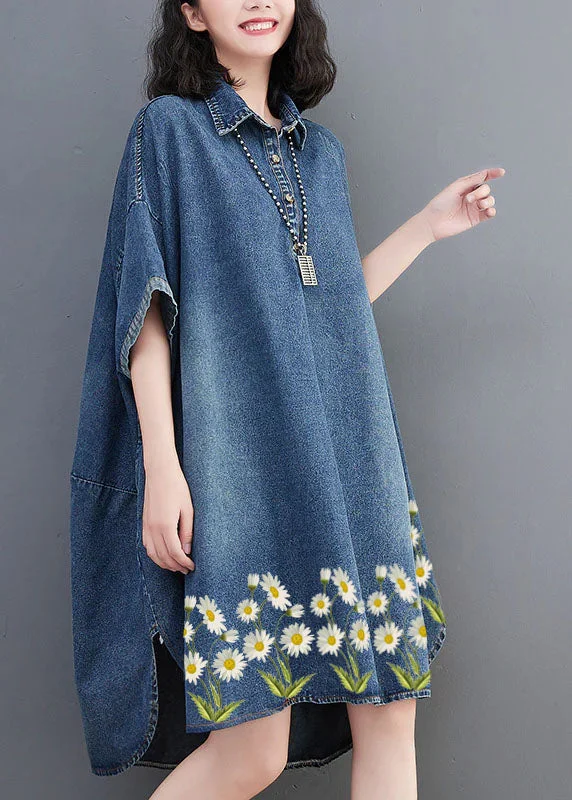 maxi dresses with pocketsLoose Blue-little flower Button Side Open Maxi Denim Dress Summer