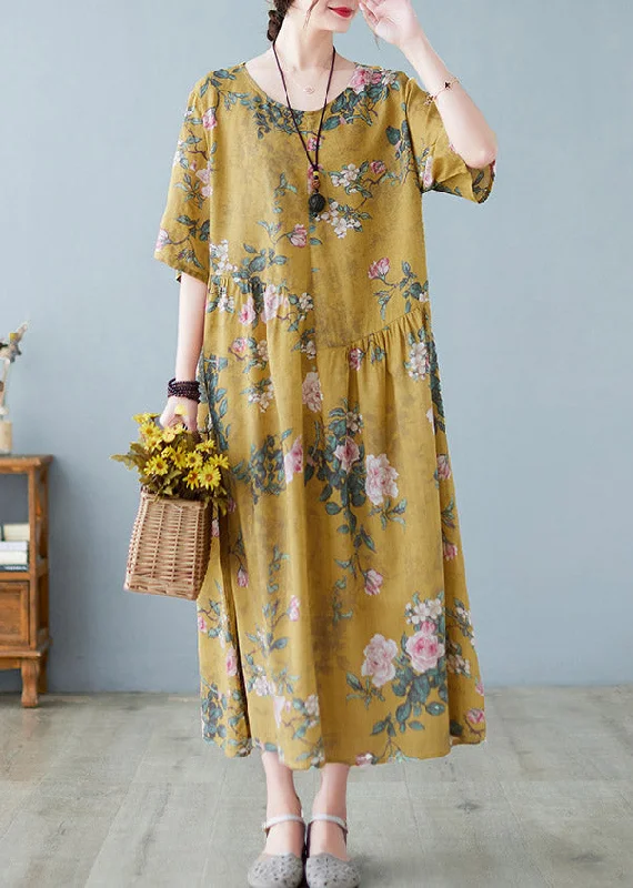 maxi dresses with off-the-shoulder necksPlus Size Yellow O-Neck Print Maxi Dress Summer