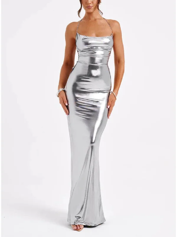 maxi dresses with sweetheart necksSpring Swing Collar Glossy Graceful Metallic Backless Maxi Dress