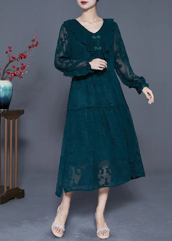 maxi dresses with long sleevesBeautiful Blackish Green Ruffled Patchwork Silk Maxi Dress Summer